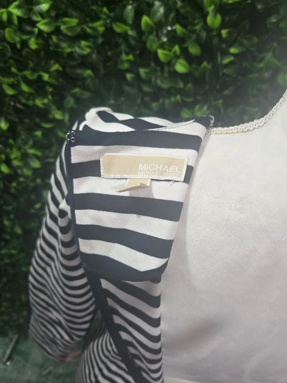 Michael Kors Black and White Striped Long-Sleeve Mini Dress